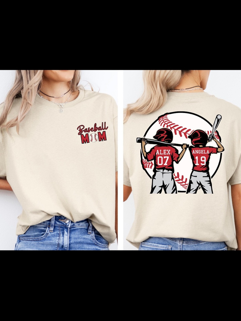 Gildan Cream "Baseball Mom" Short Sleeve Tee with Red & Black Graphics